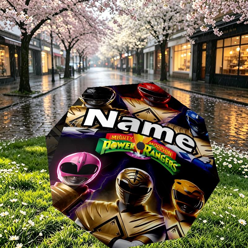 Custom Name Personalized Mighty Morphin Power Rangers Print Umbrella, Auto Open Close, 8‑Rib Sturdy Frame, Commute Camping Hiking Use, Birthday Gift