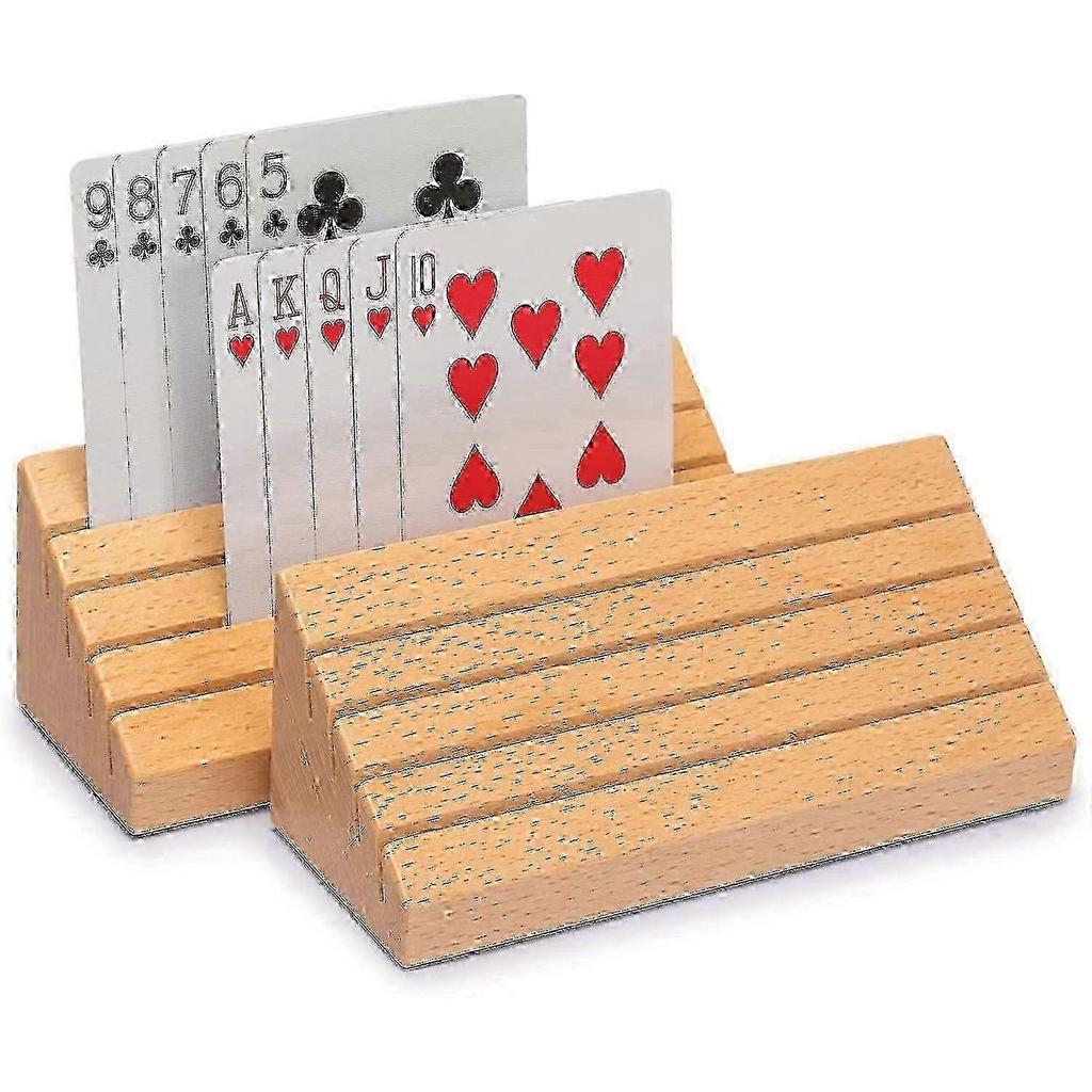Set of 2 Card Organizers: Wooden Playing Card Holders with Solid Wood Base, Hands-Free Storage Rack
