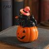 Pink Wizard Hat Cat Halloween Pumpkin Figurine, Retro Black Stacked Resin Decorations Tabletop Figurine for Table Desk Office Mantel Home Fireplace
