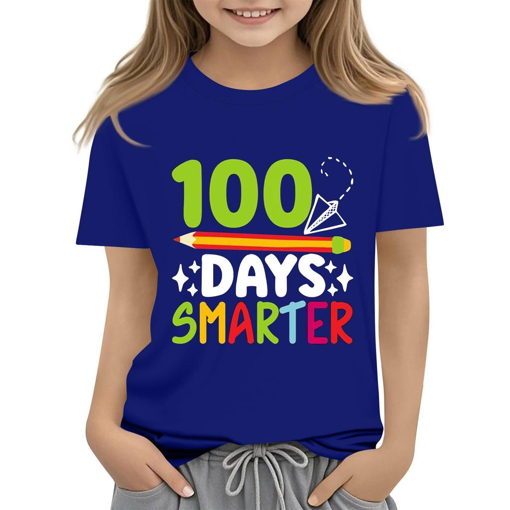 Happy 100th Day Of School Girls Boys Short Sleeve T Shirts Kids Tops Crewneck Tees