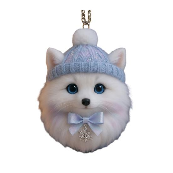 Pom-Pom Pet Ornament 2D Acrylic Cute Dog Christmas Ornament Cartoon Furry Pet Shaped Xmas Tree Hanging Decor for Holiday Party Supplies