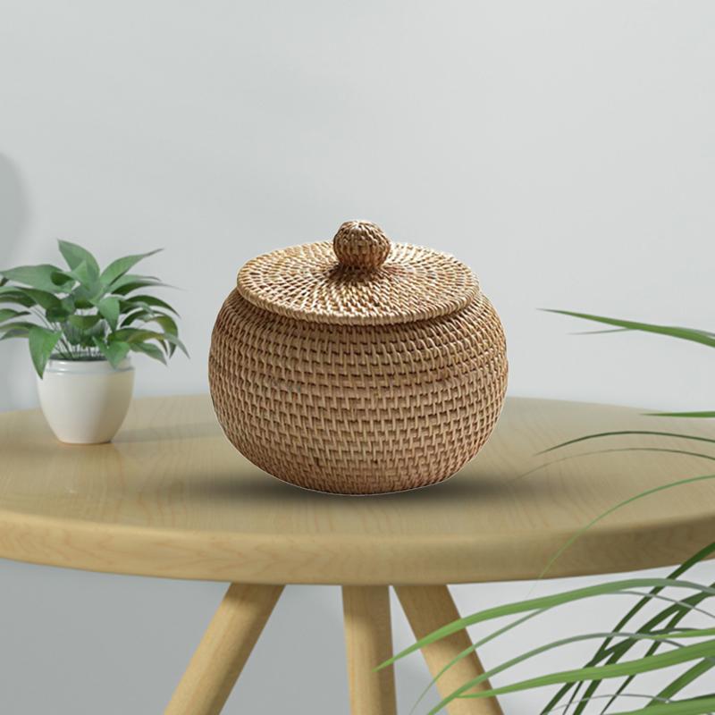 Wicker Storage Basket With Lid Round Fruit Basket Natural Rattan Lightweight Hand-Woven Storage Basket Home Sundries Snack Box