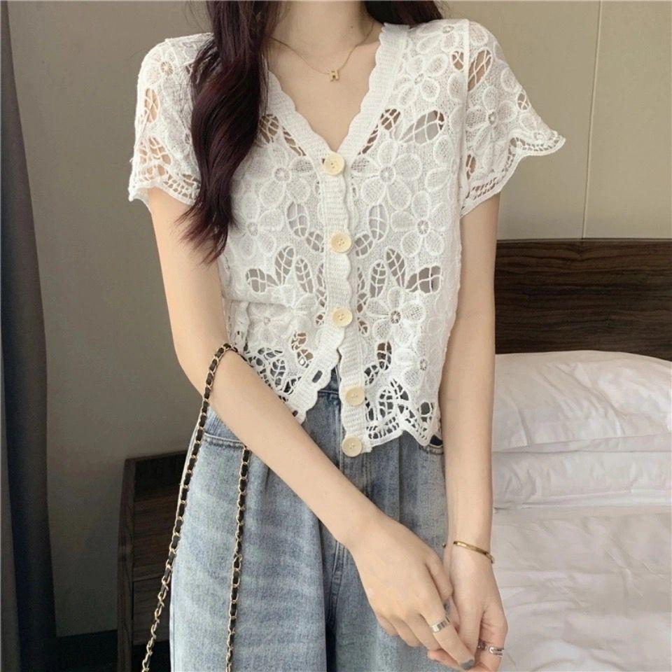 Женский новый универсальный ажурный кардиган, летняя свободная рубашка с v-образным вырезом и солнцезащитным кремом на пуговицах, повседневная верхняя одежда, сетчатый ленивый топ с длинными рукавами