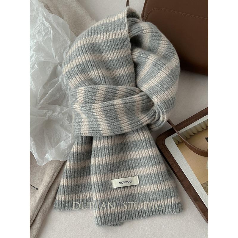 Зимний Теплый Полосатый Шарф из Чистой Шерсти Корейский Стиль Универсальный Вязаный Шарф