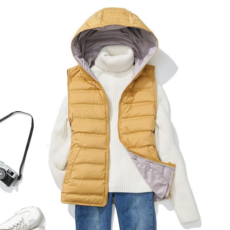 Womens Short Hooded Down Vest Slim Fit Lightweight Seamless Fabric Color Block Winter