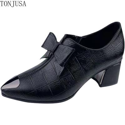 Женские кожаные туфли на толстом каблуке с глубоким галстуком-бабочкой, повседневные маленькие кожаные туфли с боковой молнией