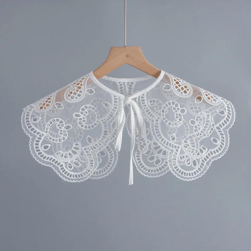 Lace Floral Fake Collar for Women Hollow Out Detachable Collar Shawl Wrap White Lapel Bowknots False Collar Necklace Scarf Cape