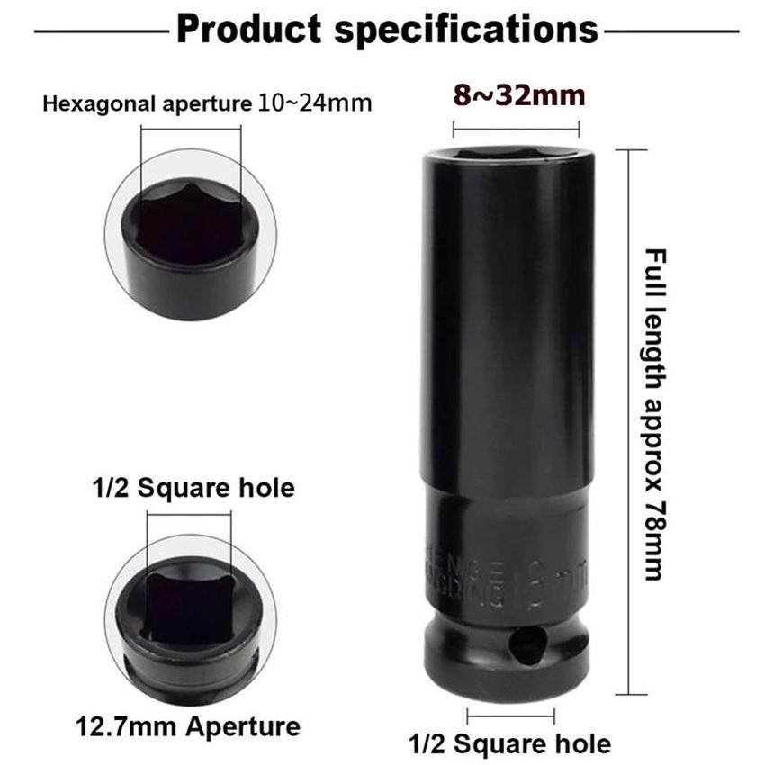 8mm-32mm 1/2" Drive Deep Impact Wrench Socket Head Adapter Hexagonal Hex Socket Head Sleeve for Pneumatic Electric Wrench Drill