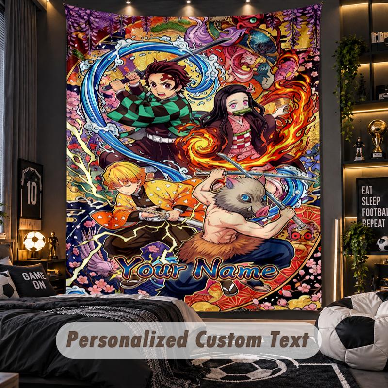 Personalized Wall Tapestry,Demon Slayer Custom Printed Name, Fabric Wall Art For Indoor Room Backdrop