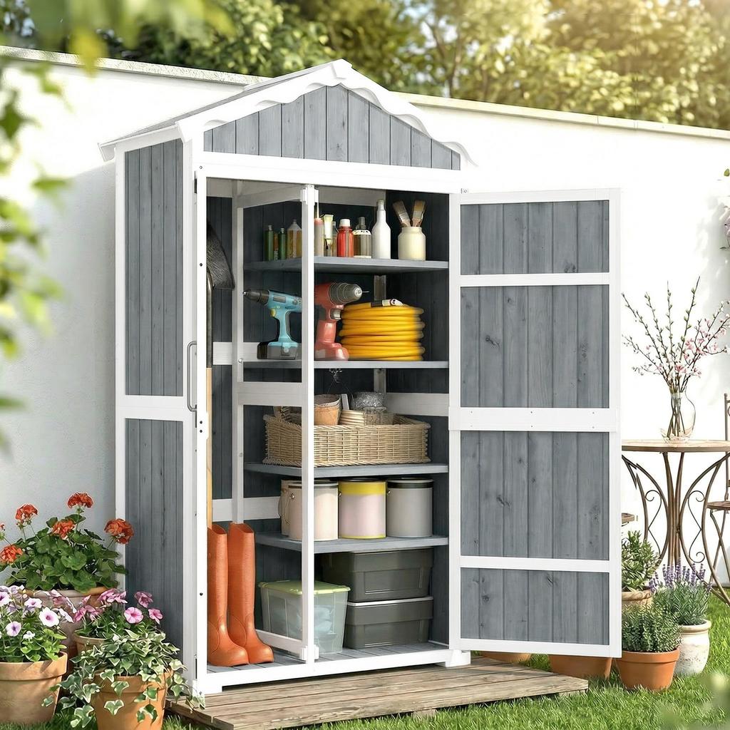 Wooden Garden Shed, 105 x 55 x 179 cm, Tool Cabinet, 4 Shelves, Galvanized Metal Roof, Grey