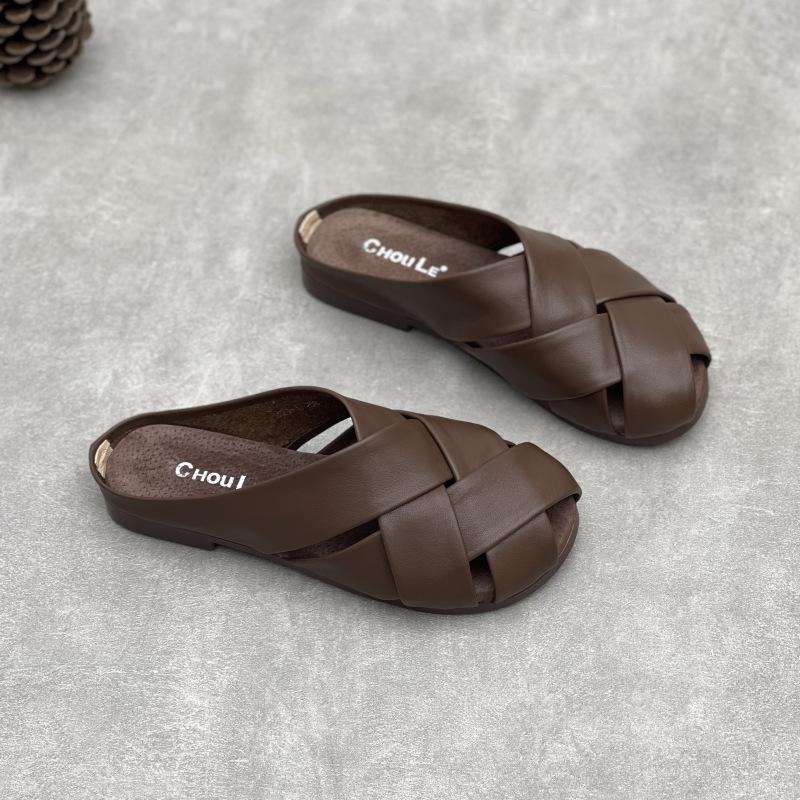 Johnature Тапочки из натуральной кожи с круглым носком, женская обувь, повседневные уличные шлепанцы, удобные тапочки на плоской подошве