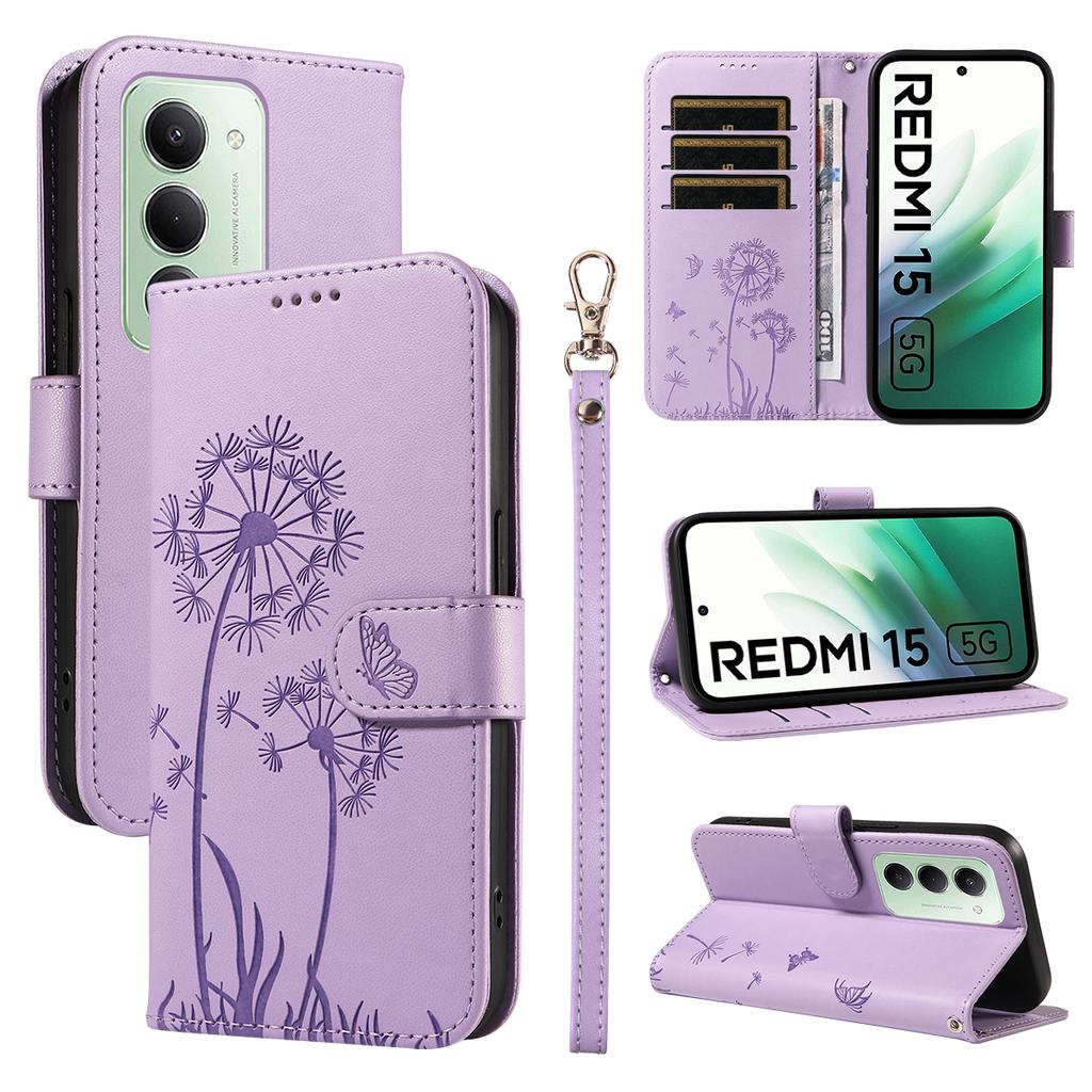 Для Xiaomi Redmi 15 4G (США) (171 мм) Кожаный чехол-кошелек с ремешком, тиснение «Одуванчик», подставка для телефона