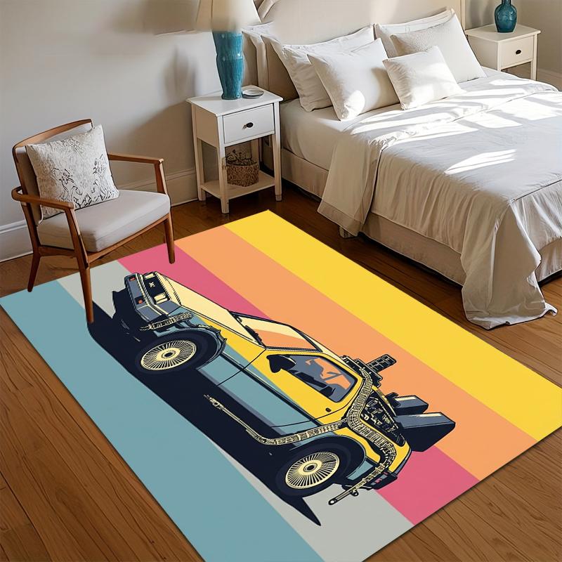 Retro DeLorean Rainbow Stripe Area Rug for Living Room Bedroom Nostalgic Home Decor Soft Non Slip Washable Floor Mat