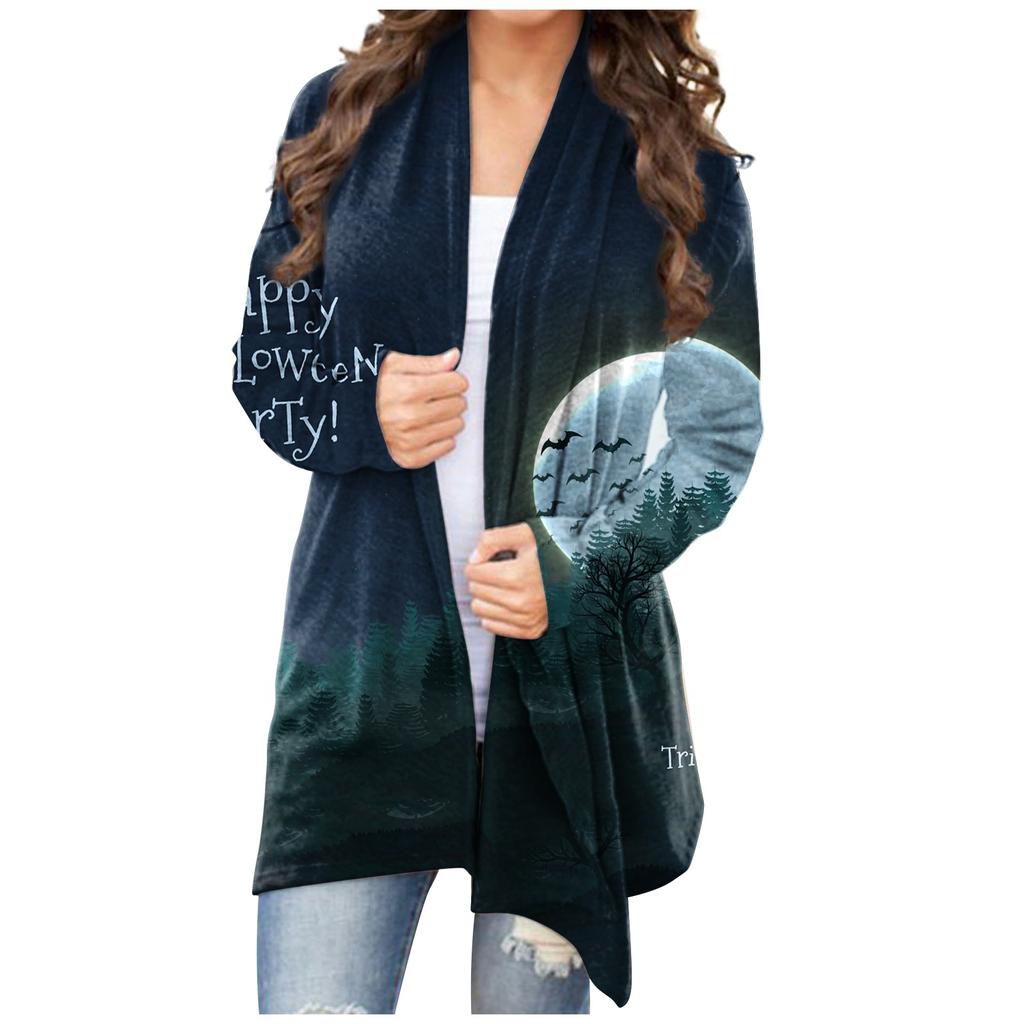 Женский кардиган, свободное повседневное верхнее пальто с карманами и длинными рукавами с принтом Хэллоуина