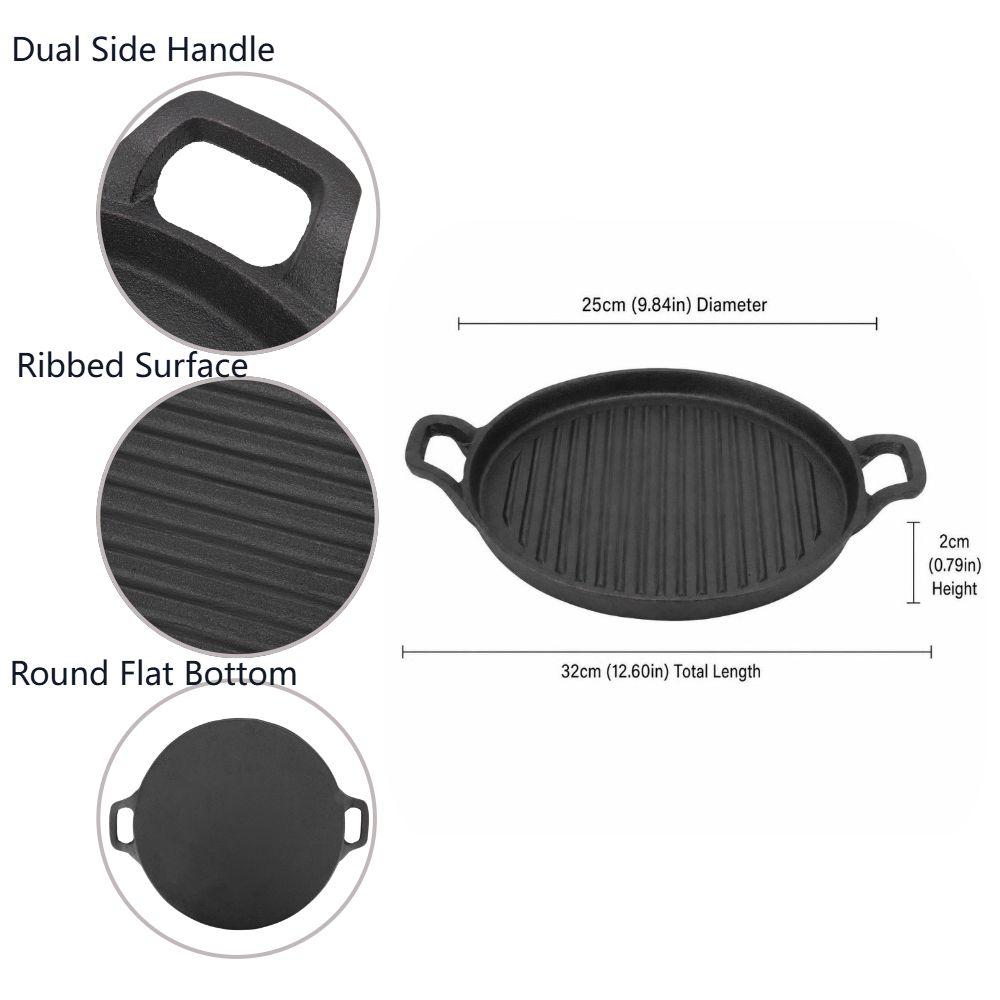 Cast Iron Steak Frying Pan Round Flat Bottom Stovetop Griddle Barbecue Pan Home Kitchen Cooking