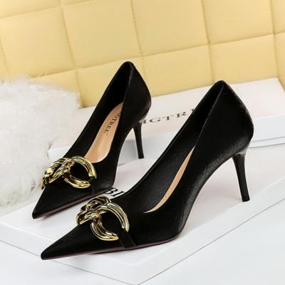 Женские модные банкетные туфли на тонком каблуке с острым носком в европейском и американском стиле, большая металлическая пряжка на высоком каблуке