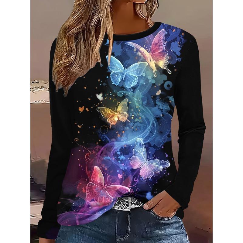 3D Flower Butterfly Pattern Printed Casual Long Sleeved Women's T-shirts - Soft Medium Stretch Polyester Fabric Spring and Autumn Relaxed Fit Clothing