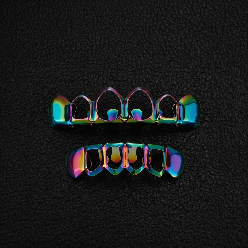 2Pcs/Set Hip Hop Dental Grills Glossy Simple Hollow Teeth Grillz Braces Trendy Classic Hollowed-Out Teeth Caps for Women Men