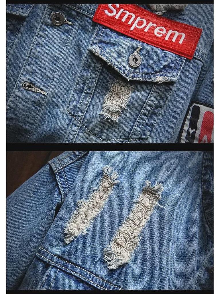 Мужская рваная джинсовая куртка: Модная японская ретро-мода, уличный стиль с вышитой этикеткой, красивый рабочий верх