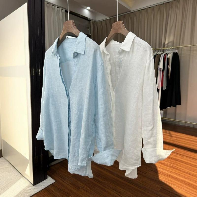 Womens French Style Loose Solid Linen Long Sleeve Thin Casual Summer Shirt Top