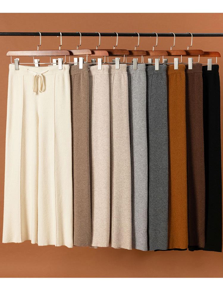 Women's High Waist Wool Wide Leg Pants - Autumn/Winter Casual Floor-Length Knitted Trousers