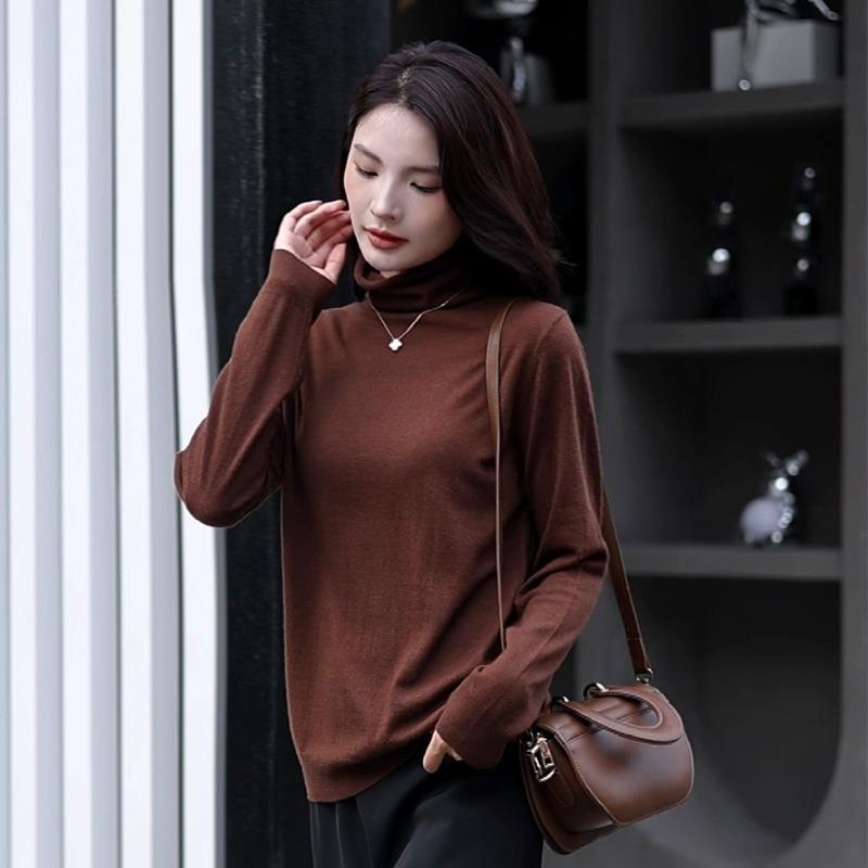 Worsted Fine Branch 0 Pure Wool Pile Collar Rolled Edge Knitted Bottoming Shirt Women's Pullover Sweater Thin Inner Sweater