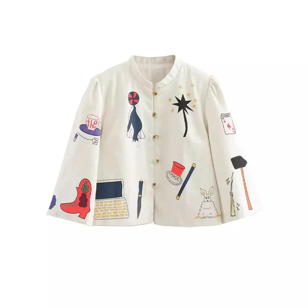 Spring and Autumn Cartoon Print Baseball Ladies Simple Round Neck Single Breasted Casual Long Sleeve Jacket New Coat