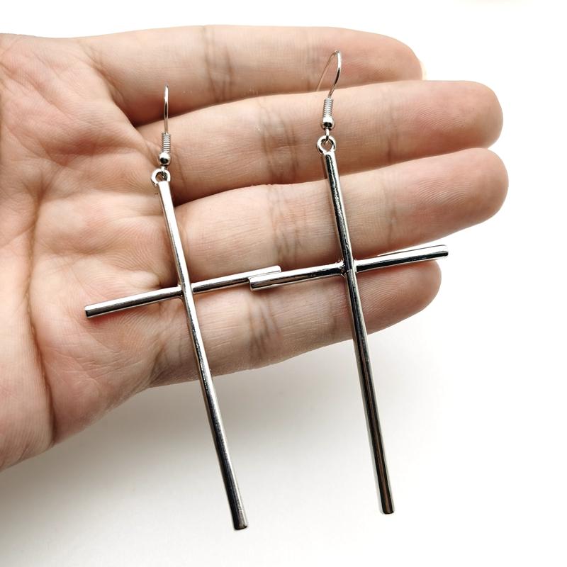 Vintage Goth Gothic Black Silver Colour Big Cross Dangle Drop Earrings Goth Egirl Accessories Jewelry