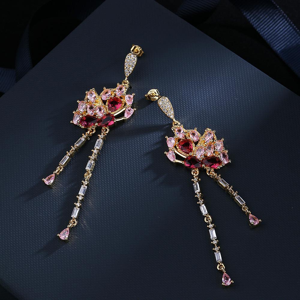 925  Temperament Long Butterfly Tassel Drop Earrings Pink Red Cubic Zirconia Trending Gold Color Women Jewelry Gift