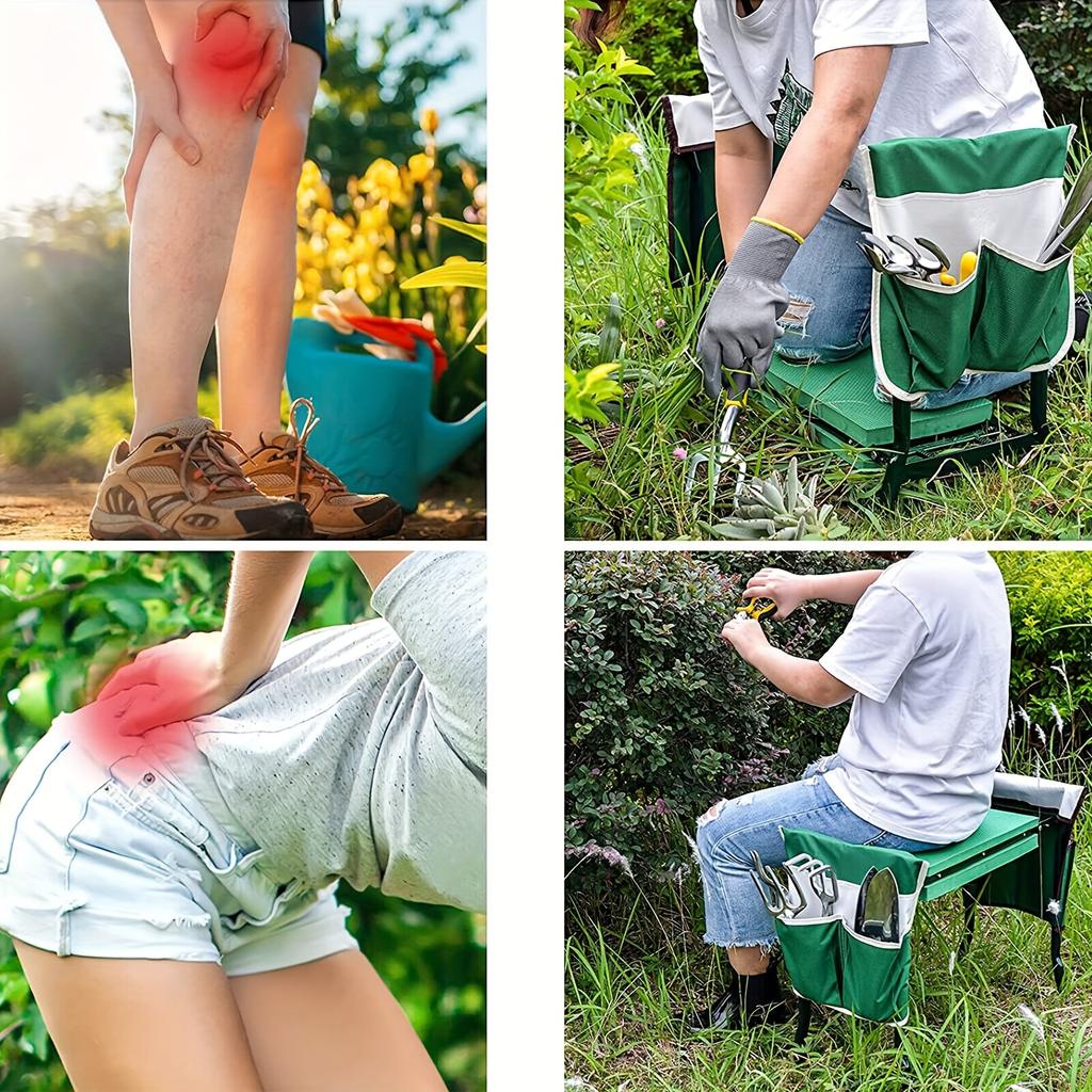 Модернизированный садовый табурет с утолщенной и расширенной мягкой подушкой для коленей, прочный складной садовый табурет с 2 сумками для инструментов