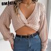 Women's Fashion Casual Solid Color Autumn Winter Long Sleeve V-Neck Loose Sexy Knotted Lantern Sleeve Crop Sweater
