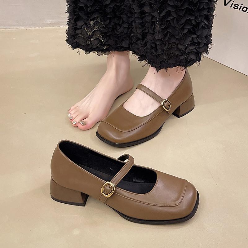 French Retro Square Head Mary Jane Shoes One-Word Leather Shoes Skirt Shallow Mouth Single Shoes Women'S British Style
