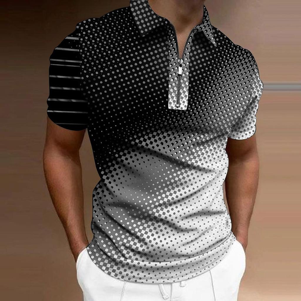 Мужская рубашка-поло, повседневная рубашка на молнии с коротким рукавом, модная повседневная рубашка на молнии на лето и весну, стандартная посадка, рубашка с 3D синим и желтым принтом в горошек