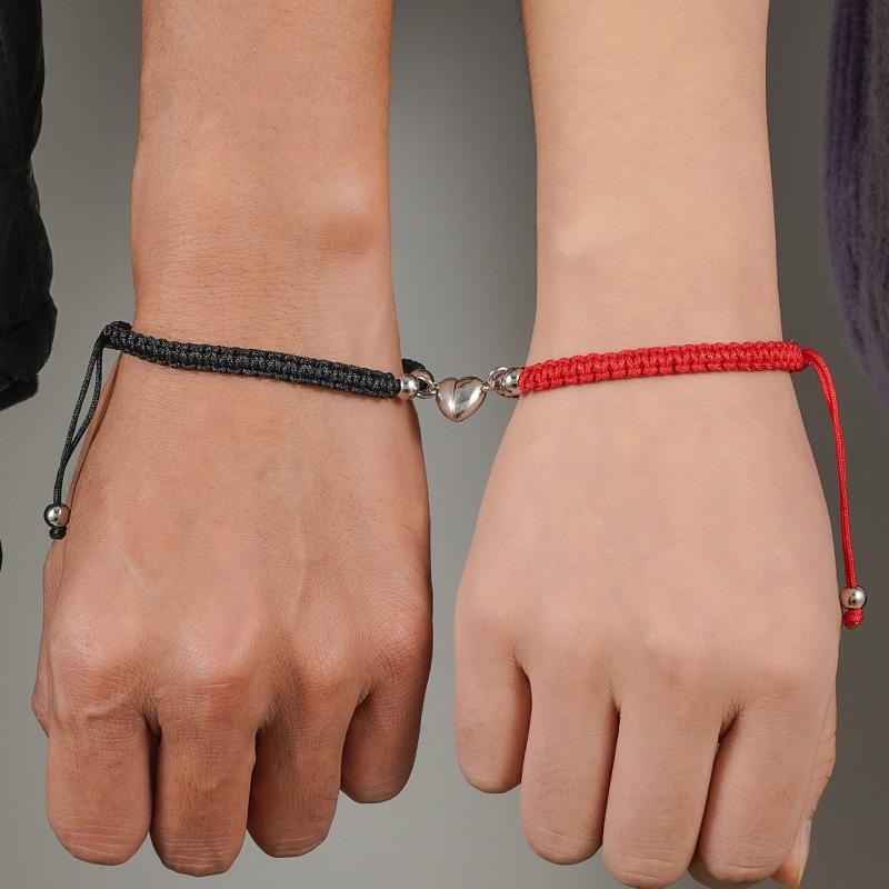 2 Pcs Lucky Red Braided Rope Bracelet for Women Men Romantic Heart Magnetic Matching Bracelets Lovers Valentine's Day Zircon