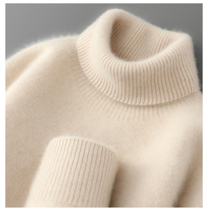 Men's High-Neck 100% Pure Wool Sweater: Thick Long-Sleeve Pullover for Autumn/Winter, Loose Fit Knitted Base Layer.