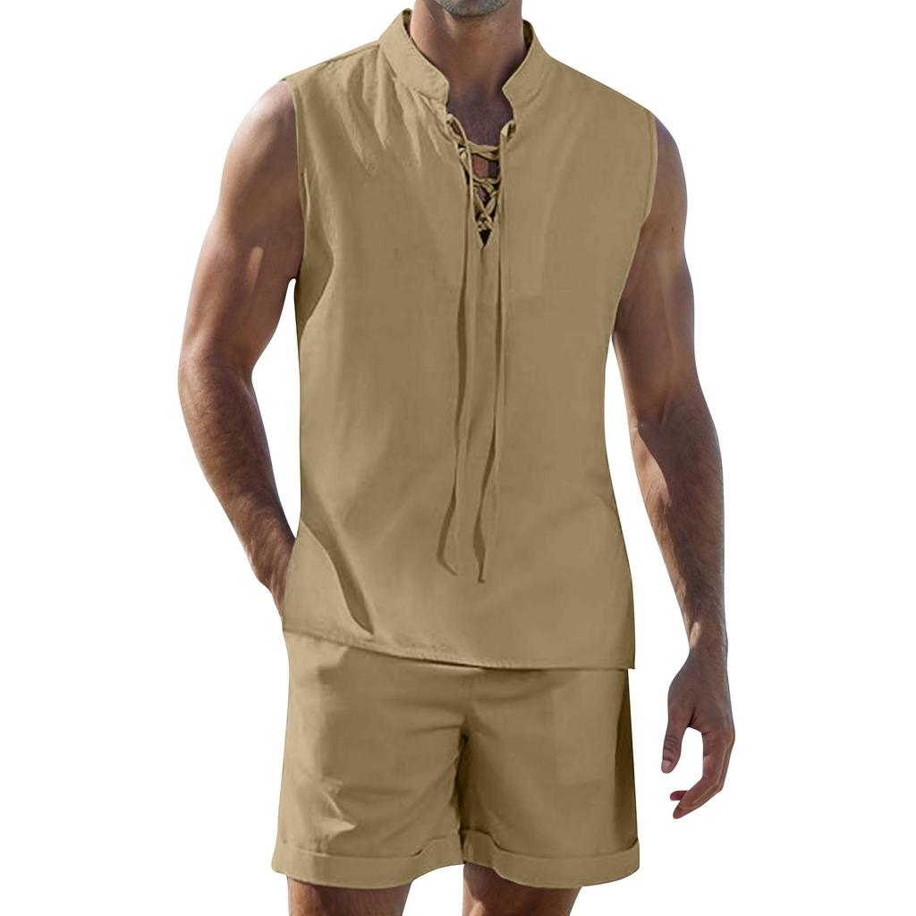 Мужской комплект из двух частей, без рукавов, на шнурке, с воротником-стойкой, топ, шорты с карманами, летний повседневный однотонный костюм
