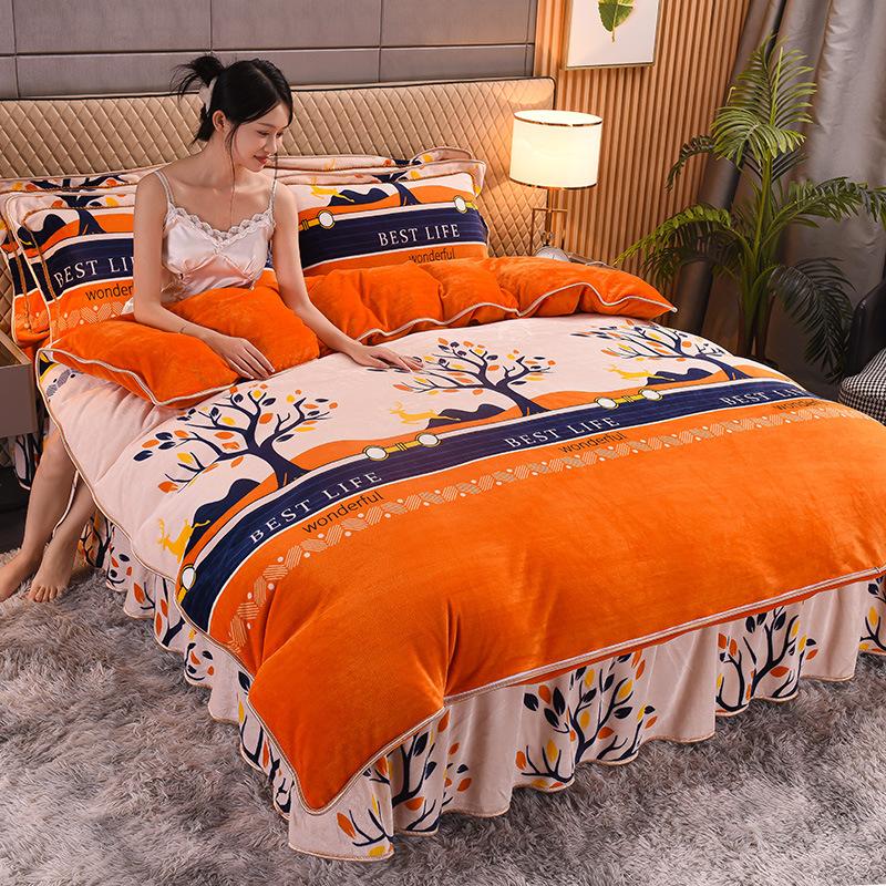 Thickened Milk Velvet Four-piece Set, Flannel Sheets and Quilt Cover, Coral Velvet Three-piece Bedding Set