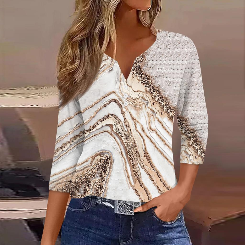 Women's T Shirt Tee Print Button 3/4 Sleeve Daily Weekend Fashion Basic V- Neck Regular Top