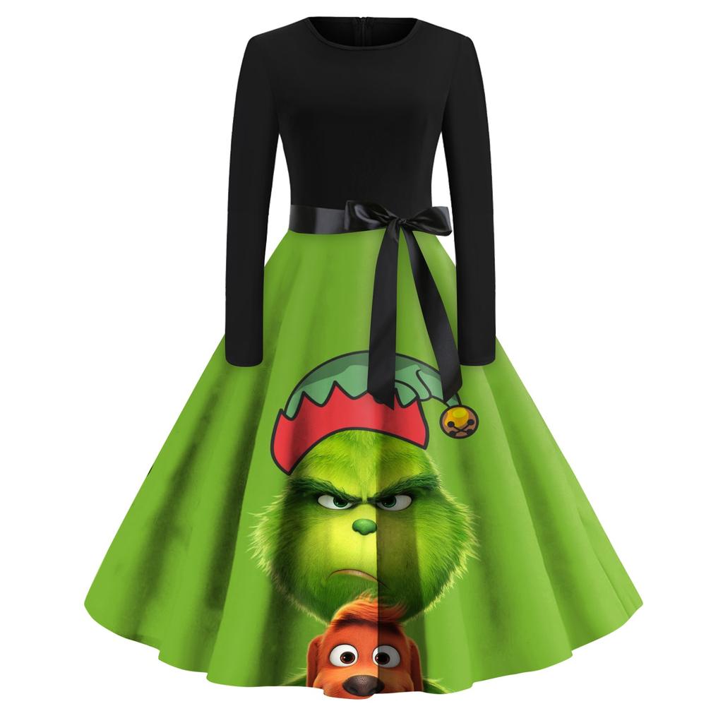 Женское модное повседневное платье с круглым вырезом и рождественским принтом и длинными рукавами