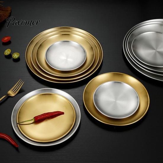 Minimalist Metal Trays for Home 304 Stainless Steel Dinner Plate with Wide Rim Korean BBQ Buffet, Multipurpose Decorative Display Round Serving