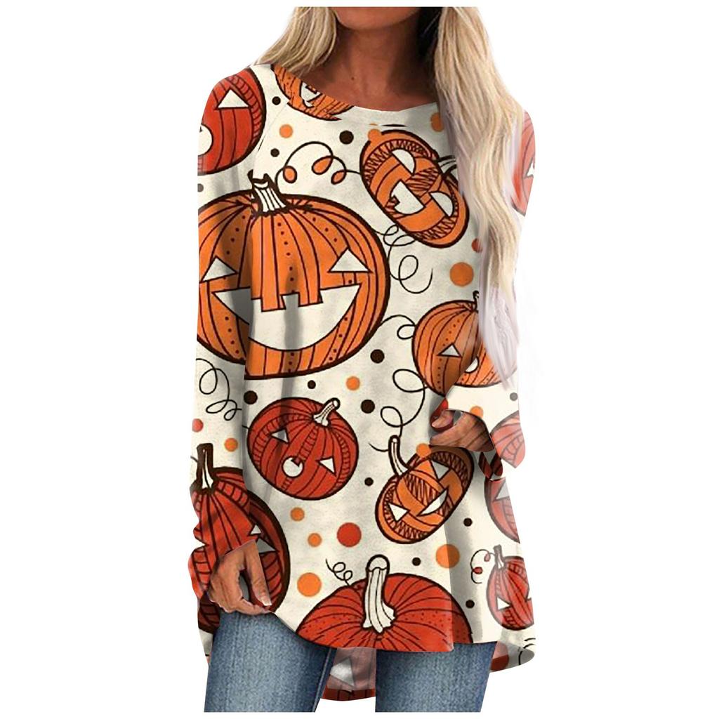 Women's Fashion Casual Long Sleeve Halloween Print Round Neck Pullover Top Blouse