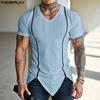 INCERUN Летние мужские футболки с V-образным вырезом и коротким рукавом на молнии, повседневные, узкие, в рубчик, топы