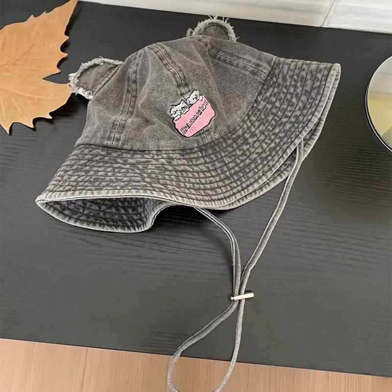 Bear ears denim bucket hat women's spring summer new versatile face hat outdoor sunshade sun protection basin hat