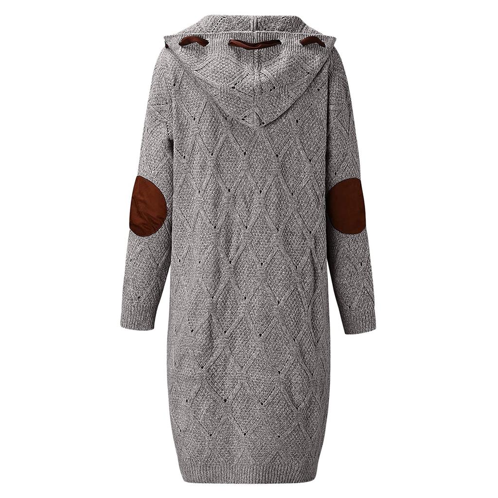 Plus Size Cardigan For Women, Long Open Front Chunky Knit Sweaters Elbow Patch Long Sleeve Outerwear Coat