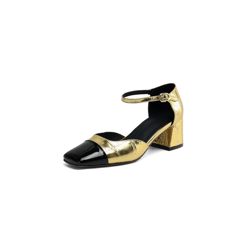 Модные женские новые весенне-летние цветные кожаные туфли с квадратным носком на высоком каблуке, сандалии с крупной эластичной пряжкой на ремне