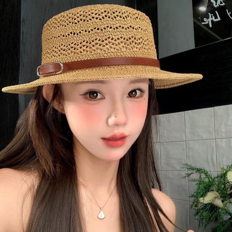 French retro flat-top Lafite straw hat women's summer seaside beach vacation sunshade sunscreen hat straw sun hat