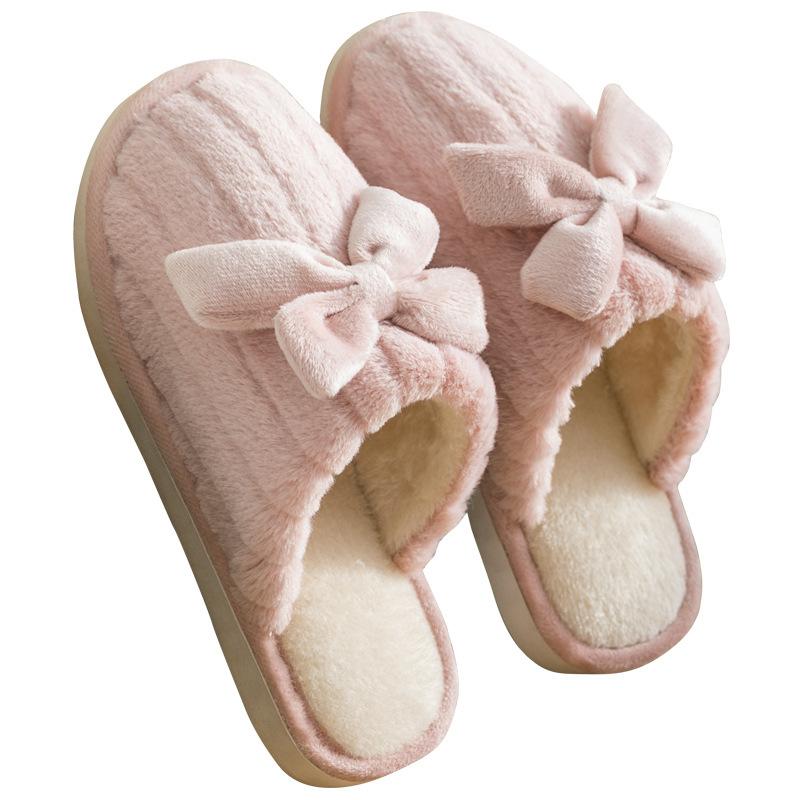 Искусственный мех кролика зимние банты хлопковые тапочки женские домашние толстые подошвы пара домашние нескользящие теплые пушистые тапочки мужские