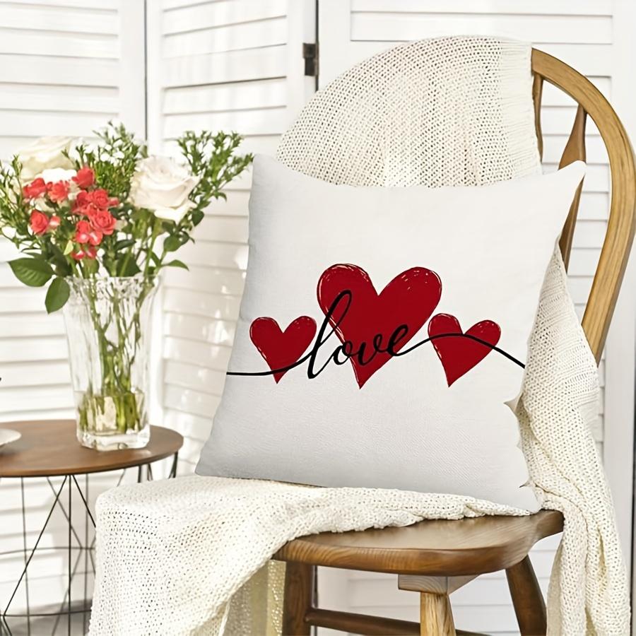 1pc Country-Rustic Linen Throw Pillow Cover, Woven Decorative Cushion Case with Watercolor Hearts Love Design, Machine Washable