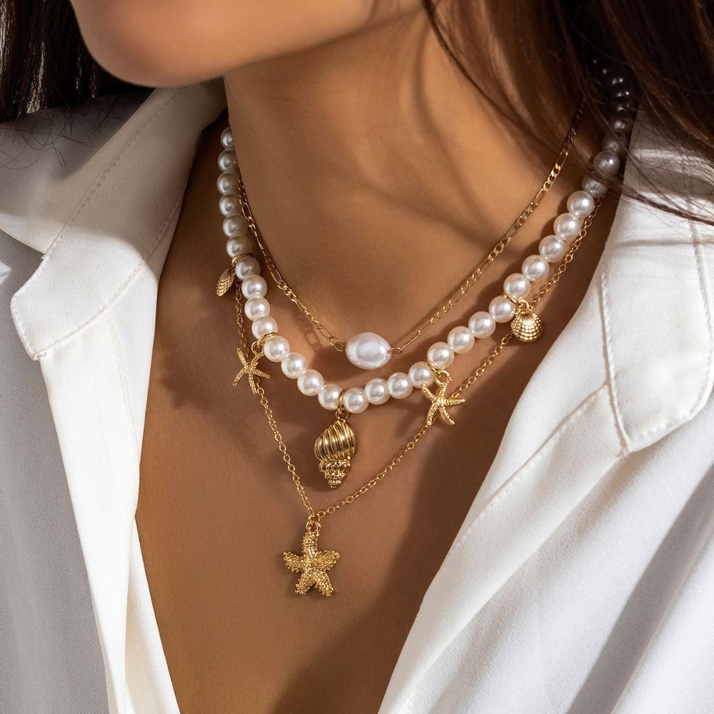 Bohemian Style Conch Clavicle Chain Pearl Starfish Choker Fashion Shell Multilayer Necklace Girls