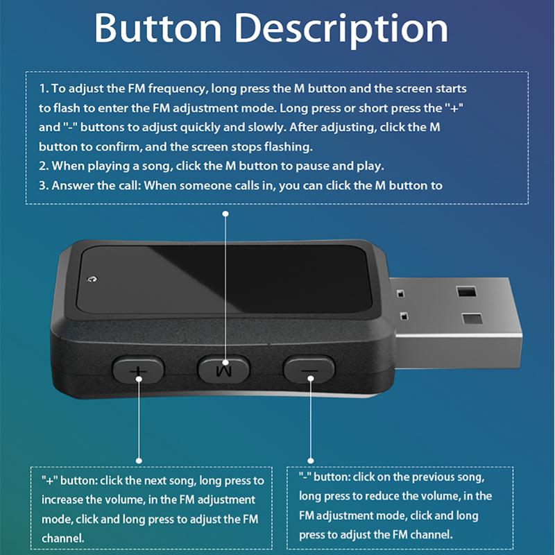 FM02 Mini USB Bluetooth 5.3 Адаптер FM-передатчика Аудиоприемник со светодиодным дисплеем 87,5-95 МГц Регулируемая громкая связь Автомобильный комплект аудио для авто радио